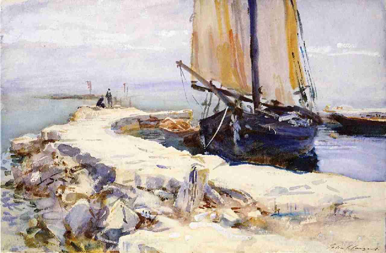 Image: Fog Above Lake Garda at San Vigilio, a watercolor painting by John Singer Sargent showing one of the watercolor techniques artists explore in their paintings