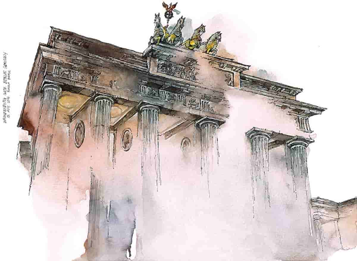 A watercolor painting of the Brandenburg in Berlin, Germany, by watercolor artist Sunga Park shows her outstanding ability to use the wet on wet technique